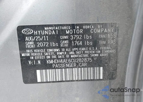 2012 Hyundai Elantra Gls/Limited from USA, damaged, VIN KMHDH4AE6CU282875